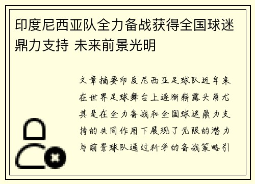 印度尼西亚队全力备战获得全国球迷鼎力支持 未来前景光明