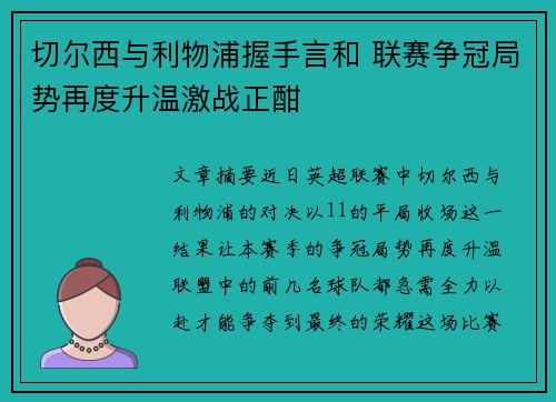 切尔西与利物浦握手言和 联赛争冠局势再度升温激战正酣