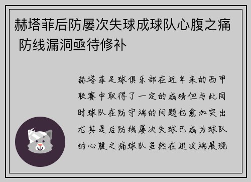 赫塔菲后防屡次失球成球队心腹之痛 防线漏洞亟待修补